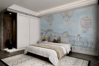 Watercolor vintage hot air balloon mural with blue sky and stars in bedroom.