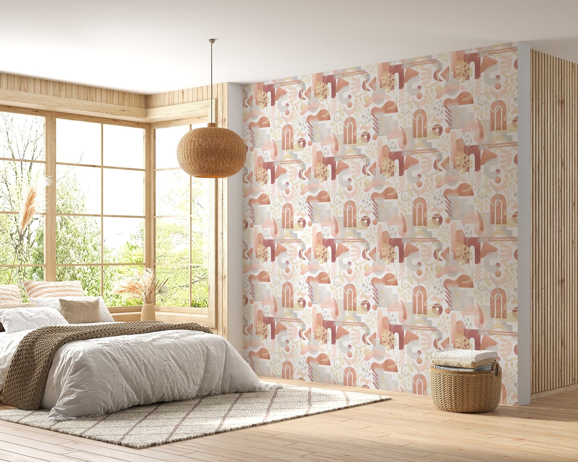 Airy bedroom display with watercolor boho wallpaper as a feature wall.
