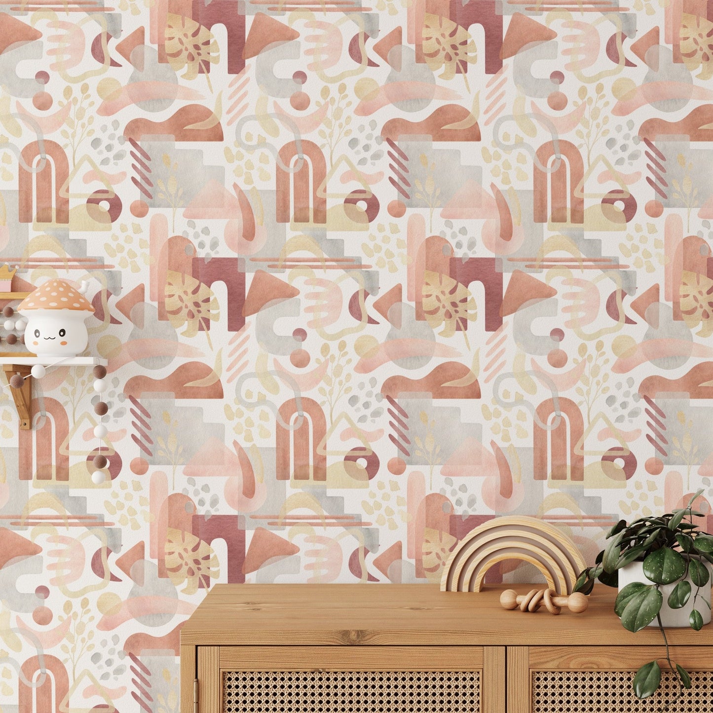 Wooden console table against aesthetic boho wallpaper with watercolor arches.