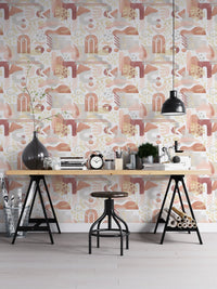 watercolor warm pastel colors wallpaper in home office.