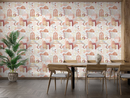 Long dining table setup with aesthetic boho wallpaper in dining area.