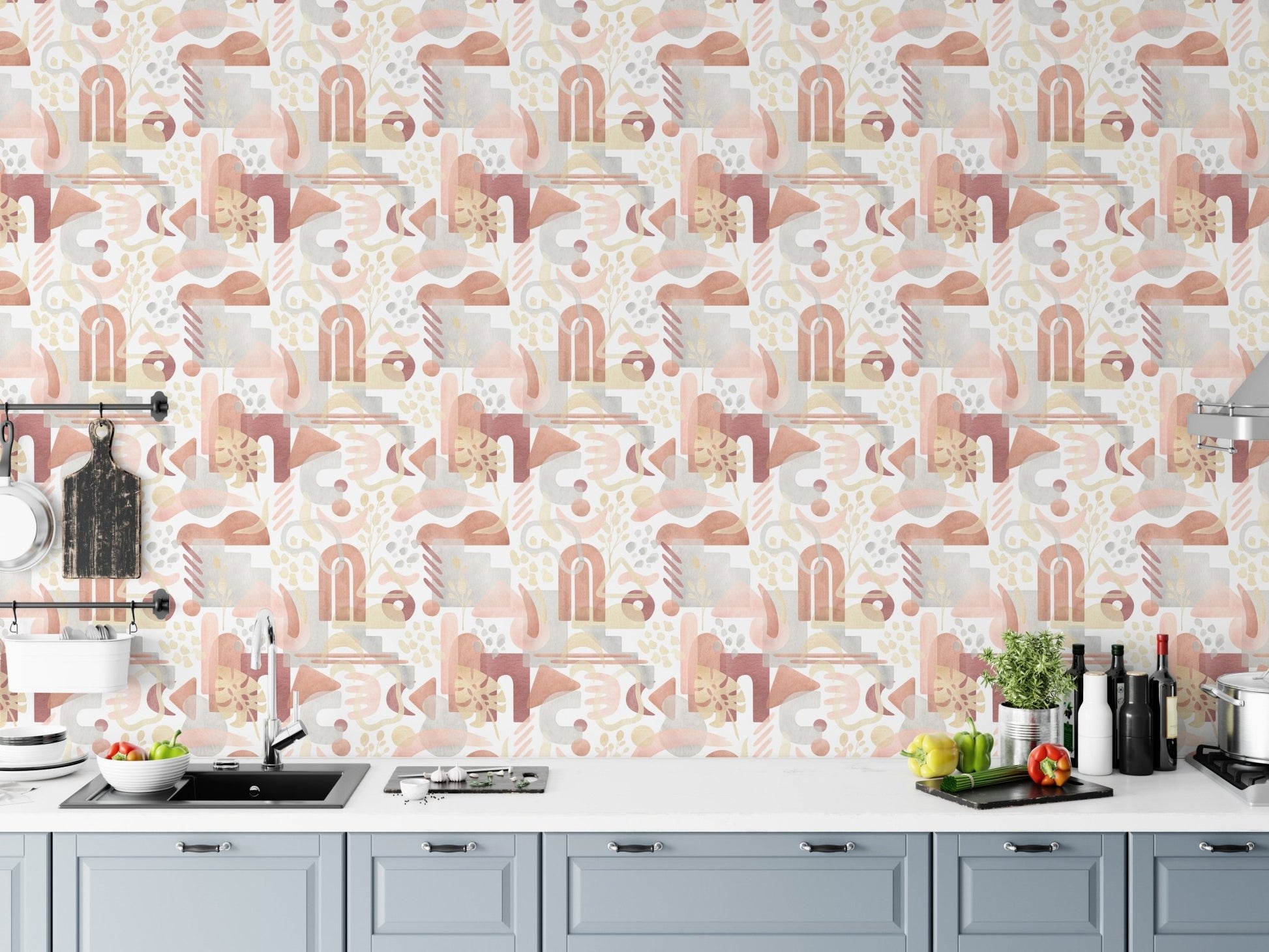 Kitchen backsplash with watercolor warm pastel colors aesthetic boho wallpaper.
