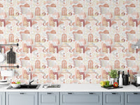 Kitchen backsplash with watercolor warm pastel colors aesthetic boho wallpaper.