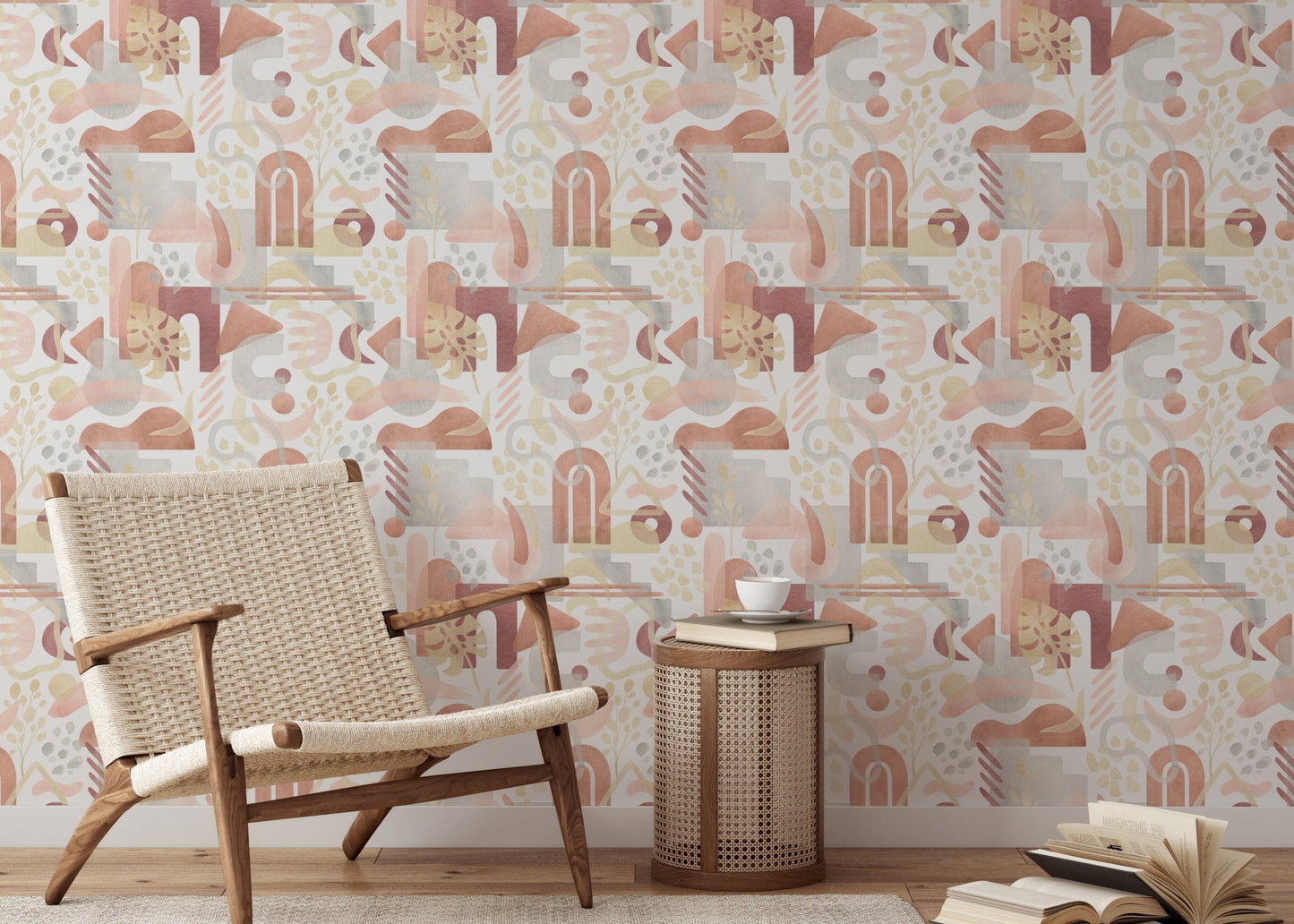 Scandi style chair in a room decorated with aesthetic boho wallpaper.
