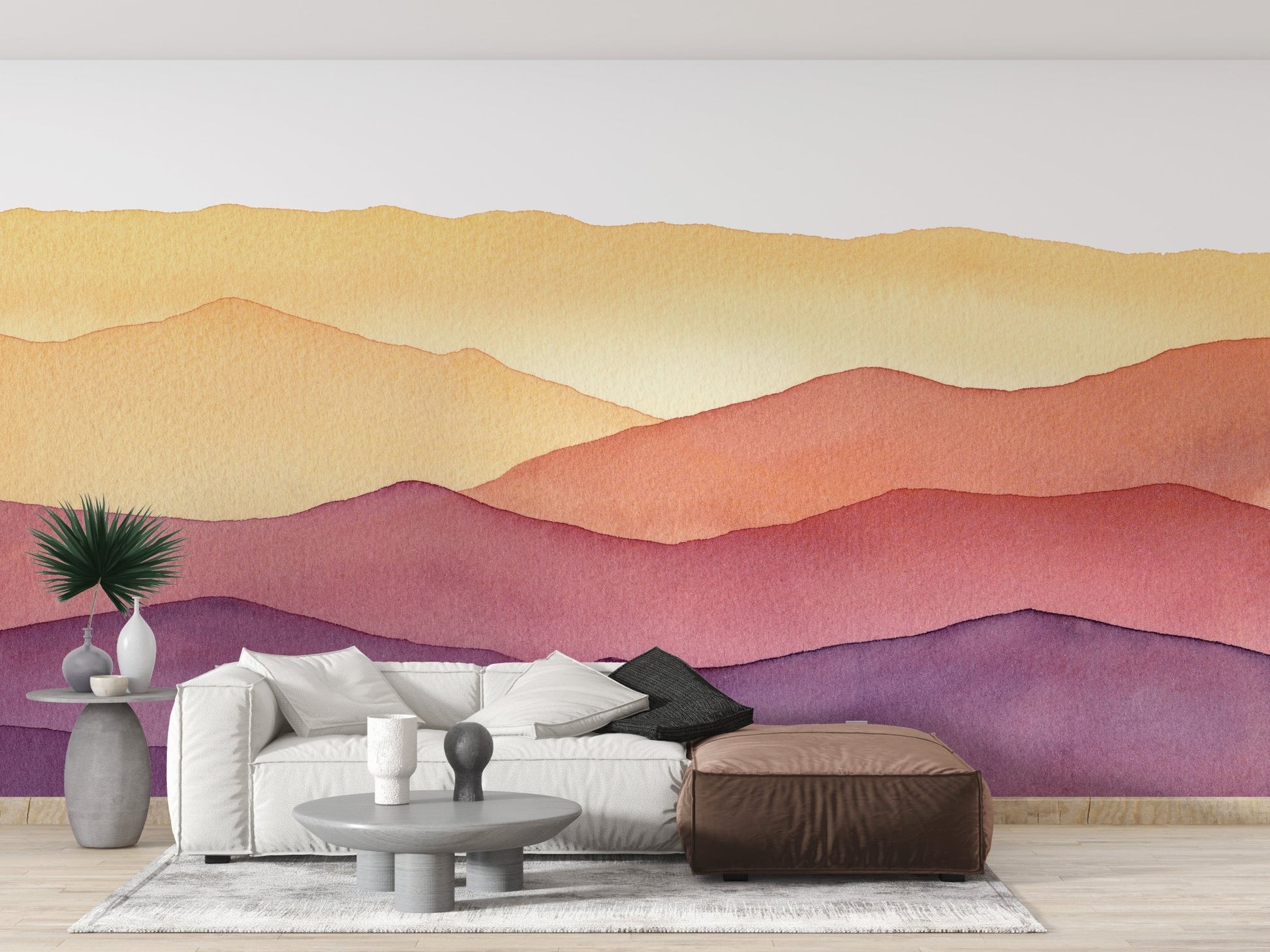 Living room area featuring a watercolor waves design wallpaper