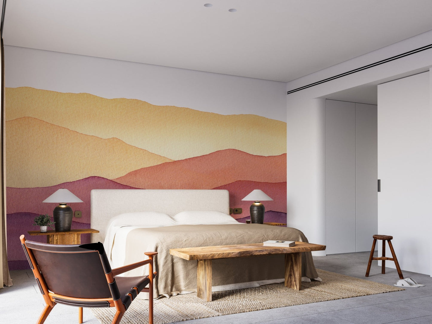 Relaxing bedroom interior with a watercolor waves design wall mural