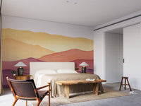 Relaxing bedroom interior with a watercolor waves design wall mural