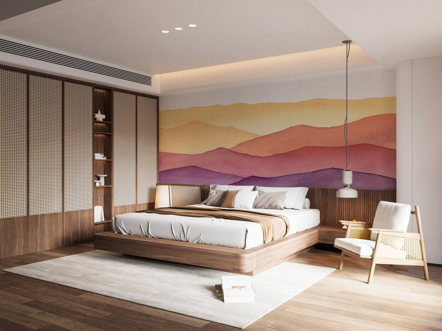 Bedroom accent wall displaying a watercolor waves design wall mural
