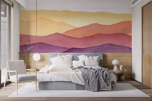 Bedroom with watercolor waves design wall mural and soft lighting
