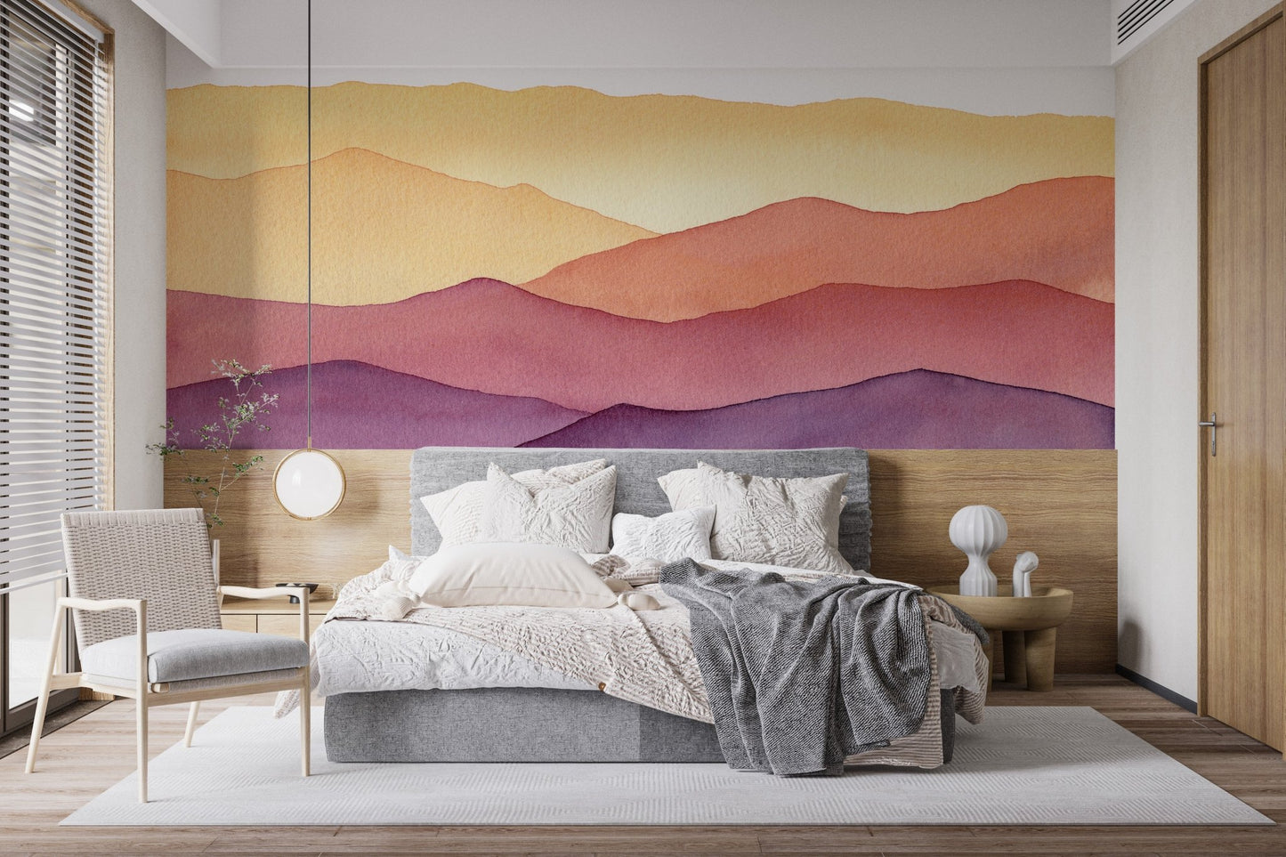 Bedroom with watercolor waves design wall mural and soft lighting