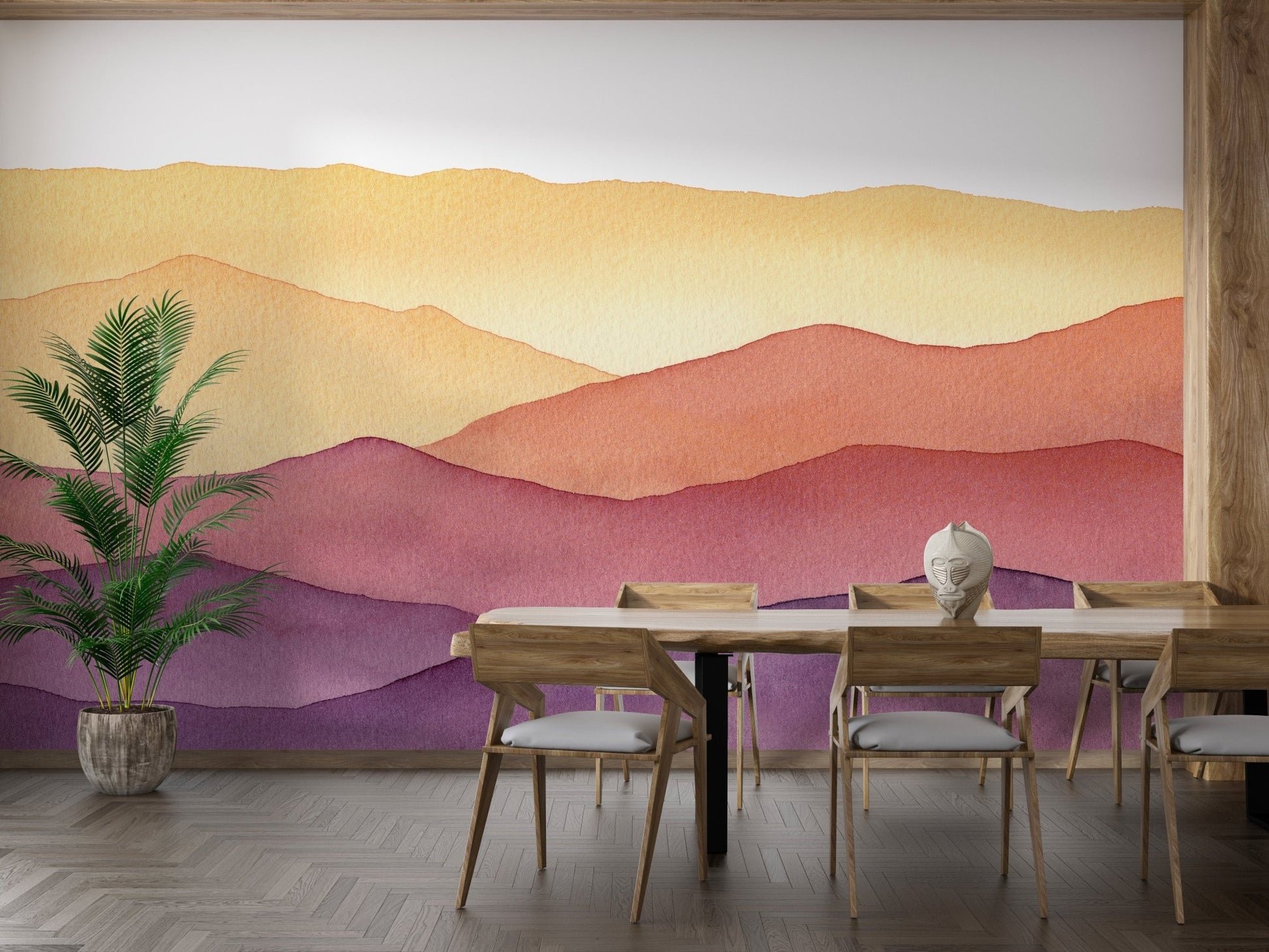 Modern dining space with a watercolor waves design wall mural