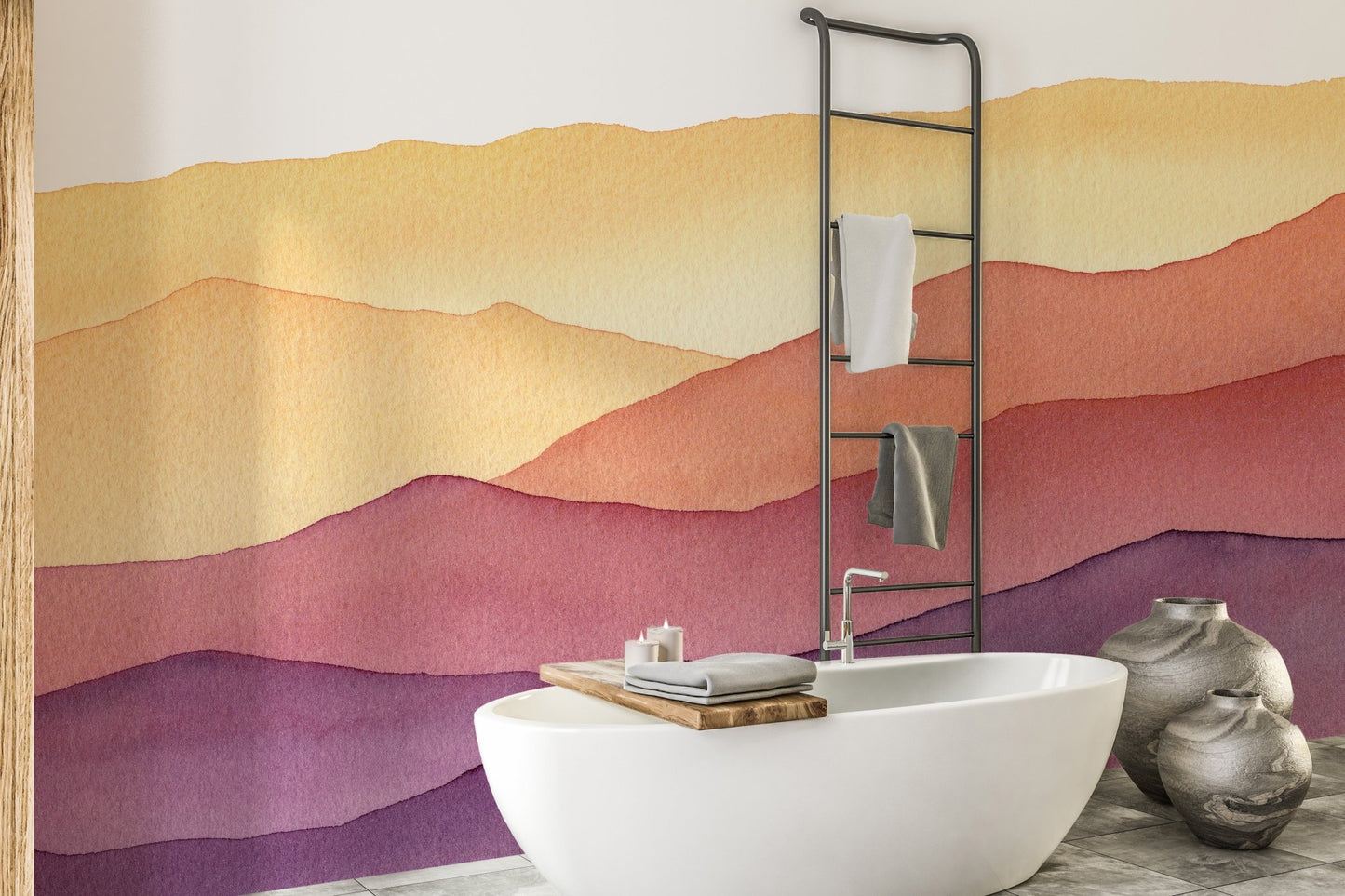 Watercolor waves design wall mural in a neutral-toned bathroom.