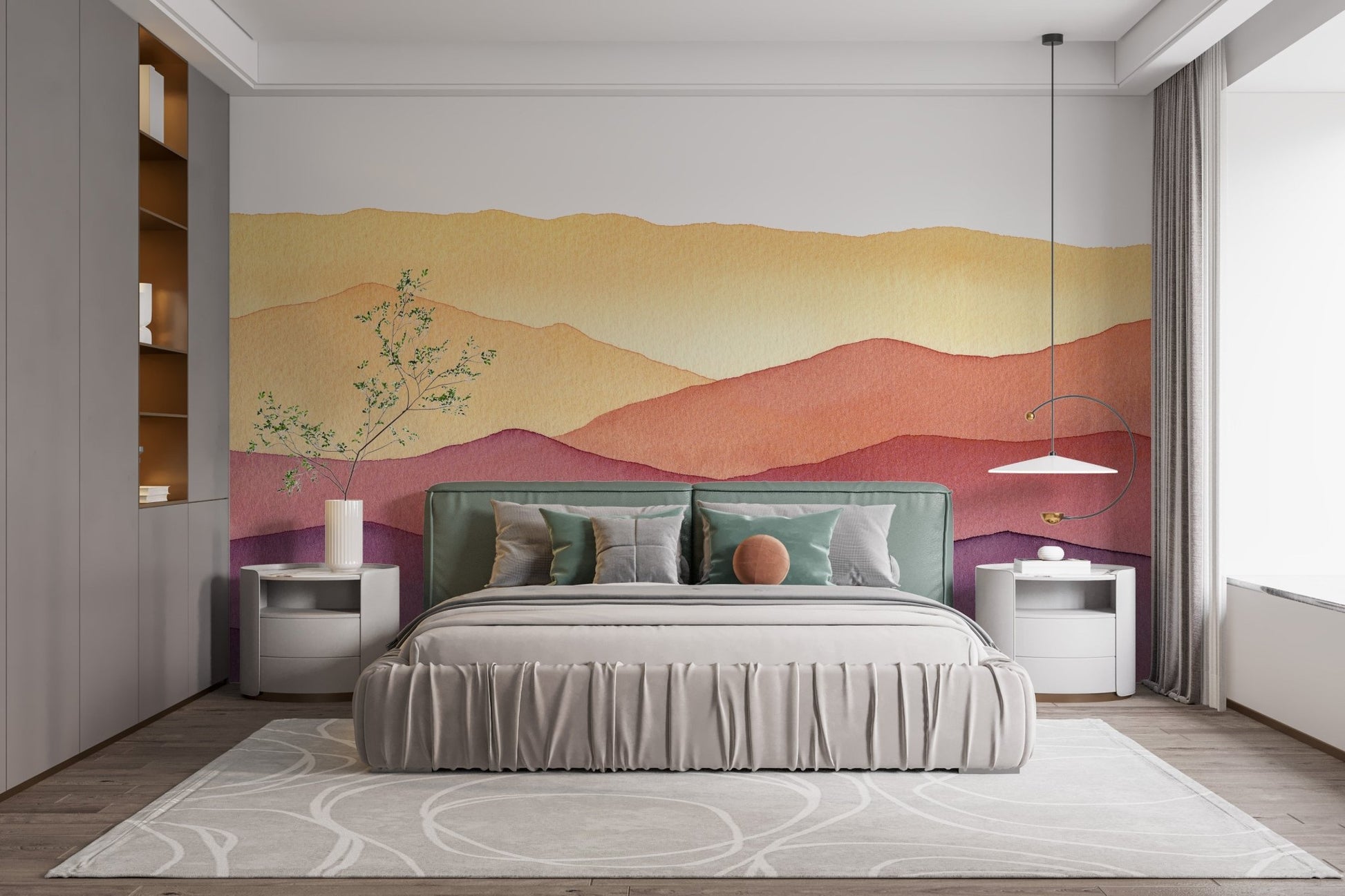 Watercolor waves design wall mural behind a neutral bedroom setup