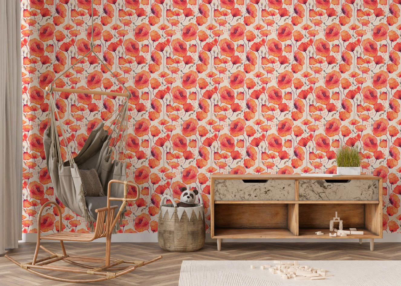 Watercolor Wild Red Poppies Vintage Wall mural in living room with wooden rocking chair.