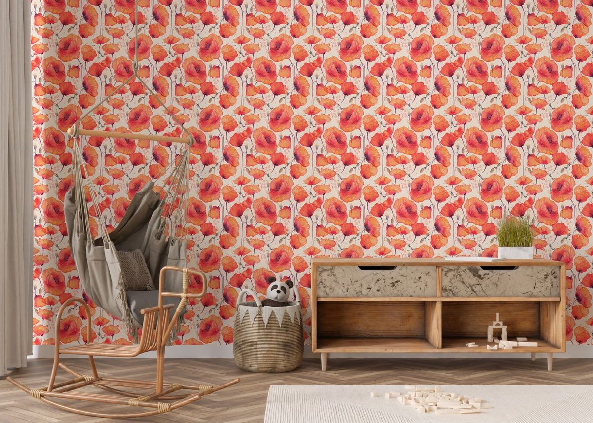 Watercolor Wild Red Poppies Vintage Wall mural in living room with wooden rocking chair.
