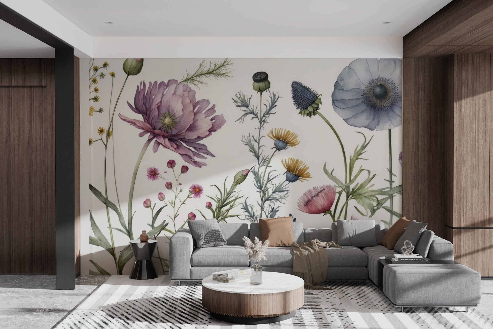 Soft pastel meadow wall mural featuring delicate stems and green leaves.