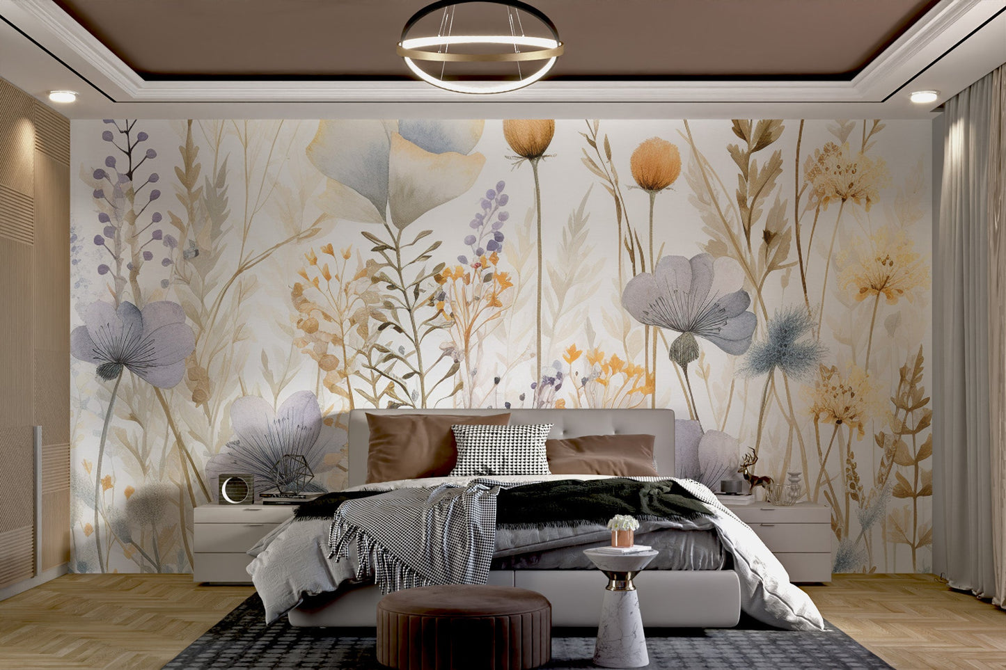 Minimalist floral wall mural featuring soft pastel botanical illustrations.