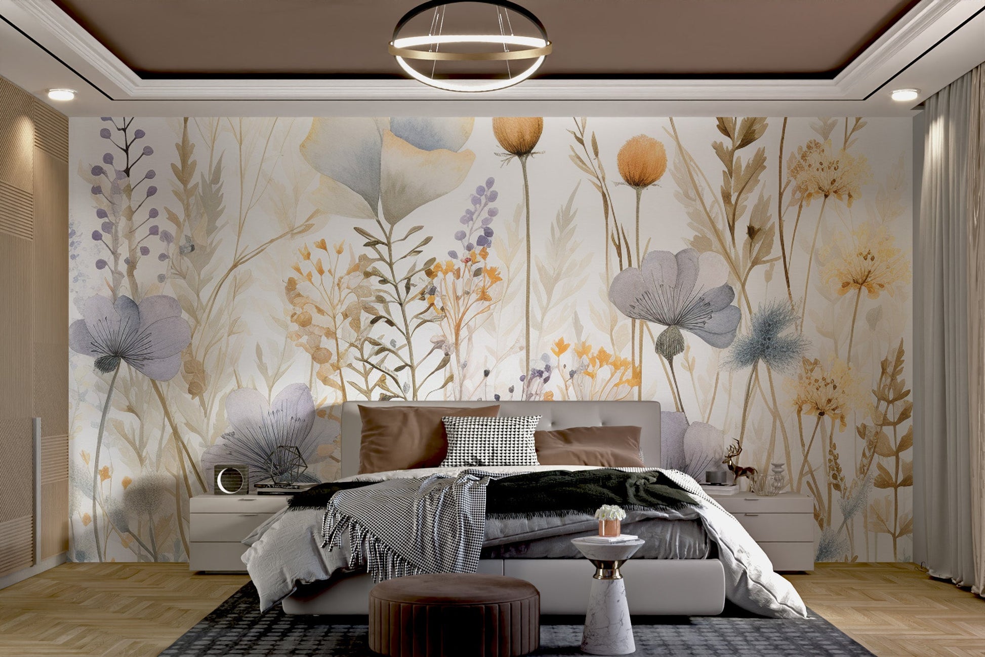 Minimalist floral wall mural featuring soft pastel botanical illustrations.