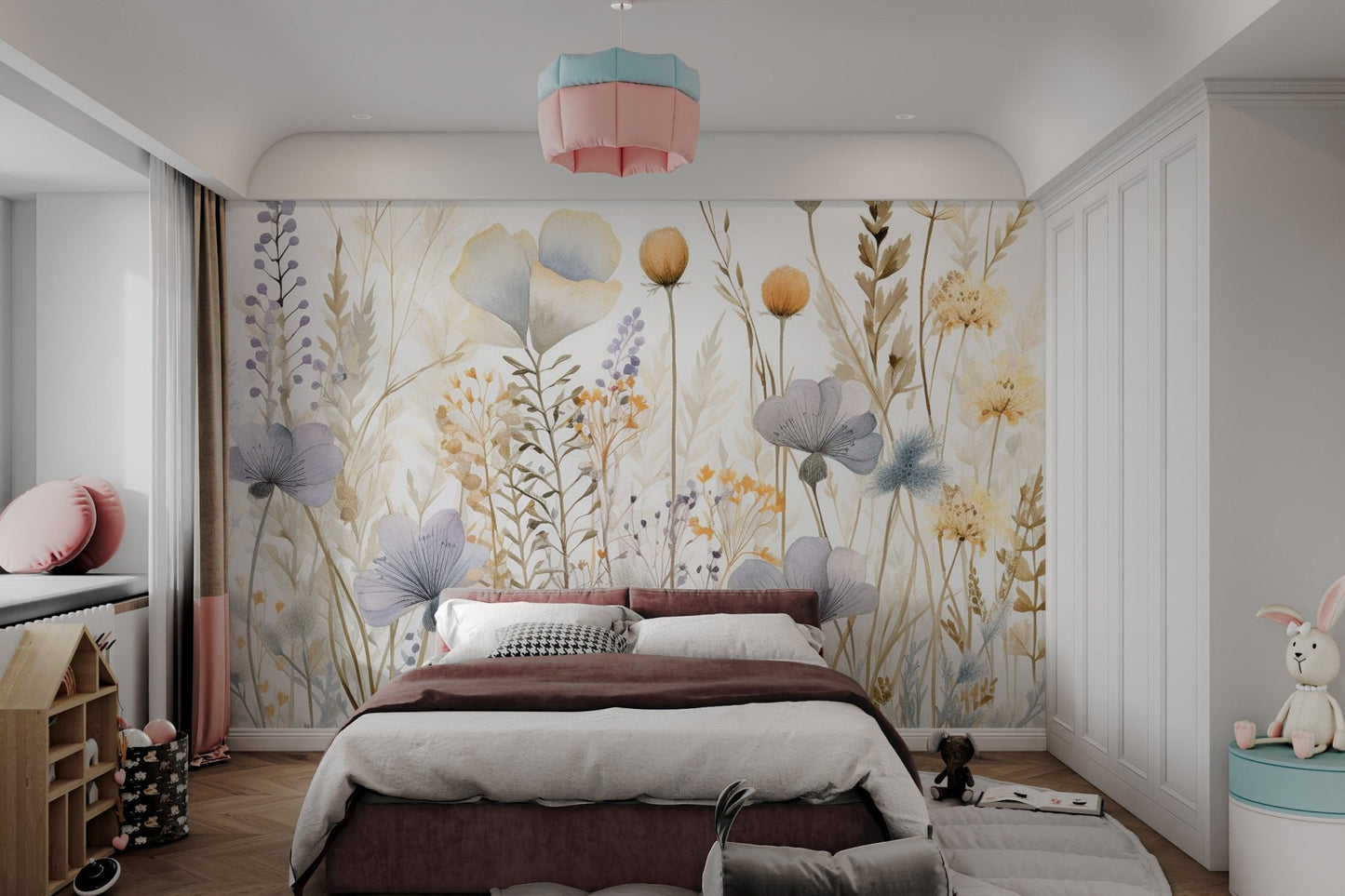 Muted lavender and sage green floral pattern on a white wall mural.