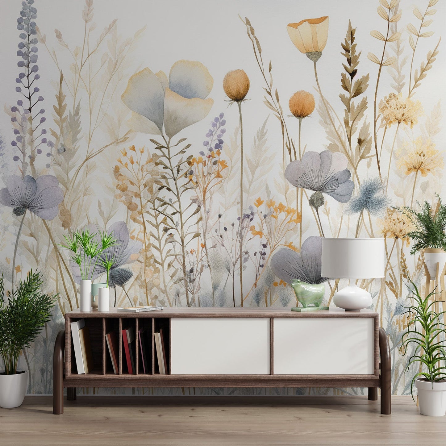 Artistic botanical wallpaper showing various wild meadow plants.