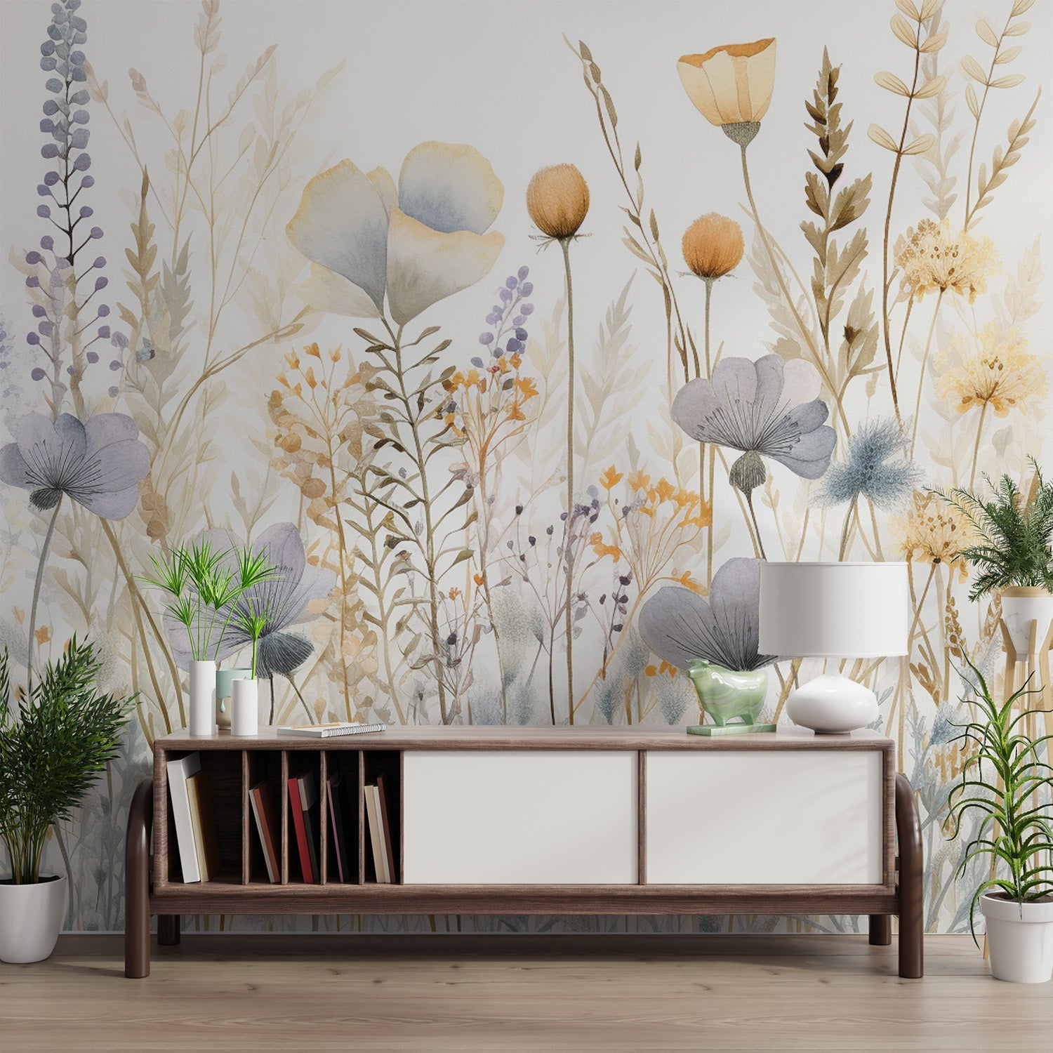 Artistic botanical wallpaper showing various wild meadow plants.