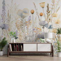 Artistic botanical wallpaper showing various wild meadow plants.