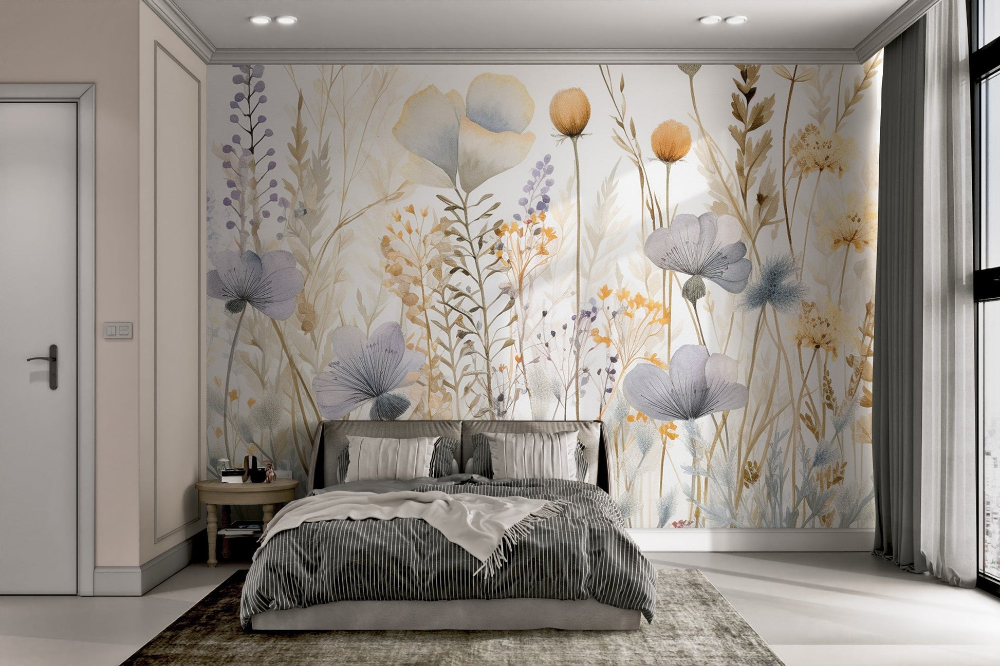 Watercolor wildflower field wallpaper with lavender and yellow meadow flowers.