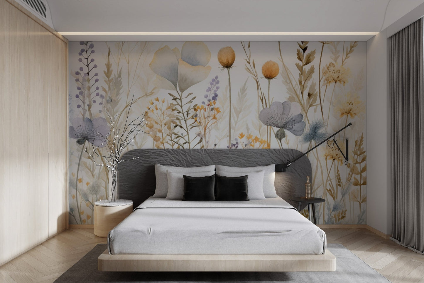 Soft watercolor wildflower field wall mural with a clean white background.