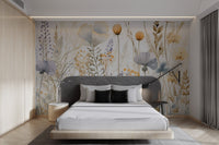 Soft watercolor wildflower field wall mural with a clean white background.