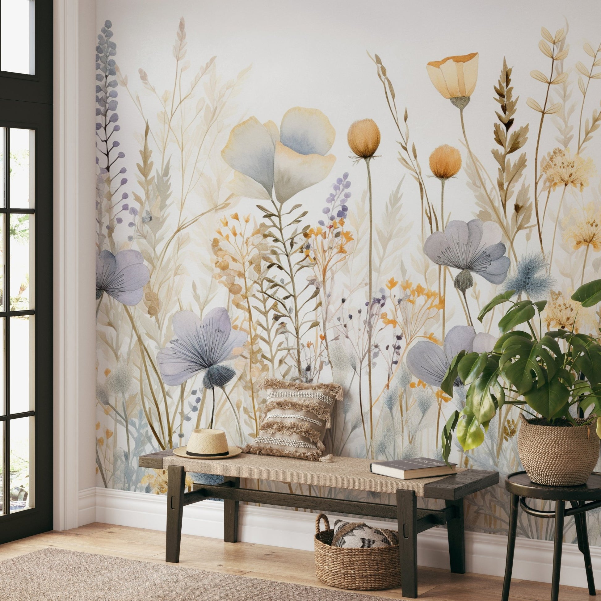 Nature inspired wall mural featuring a field of watercolor wildflowers.
