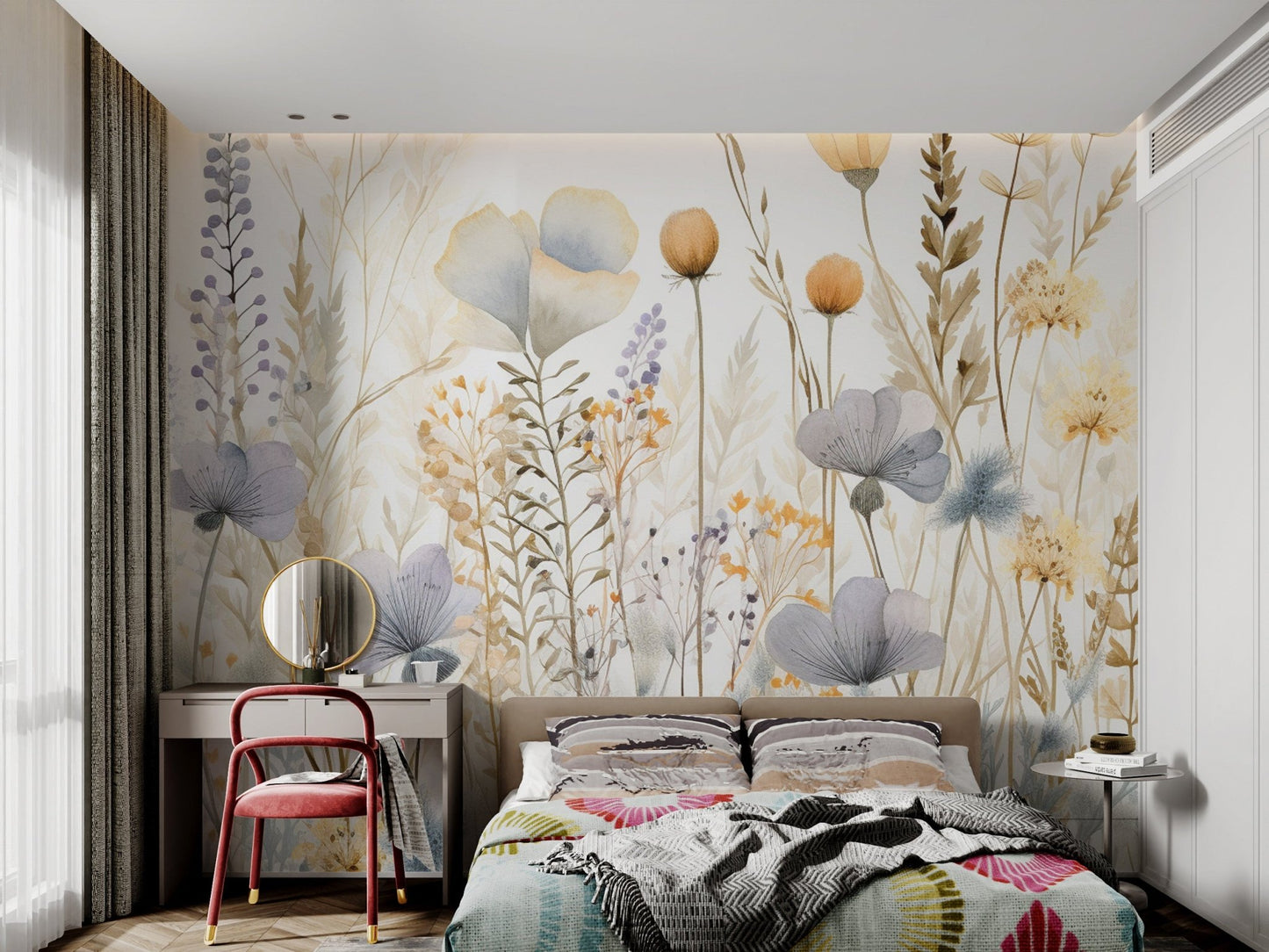 Hand-painted style wallpaper with delicate grasses and field blooms.