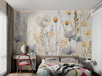 Hand-painted style wallpaper with delicate grasses and field blooms.