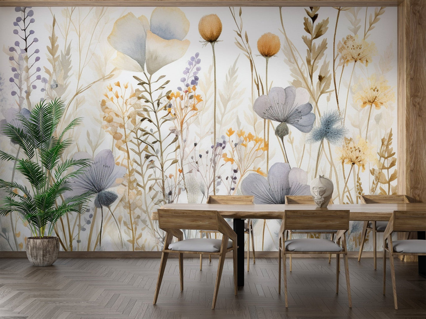 Elegant floral wallpaper with subtle yellow blossoms and airy stems.