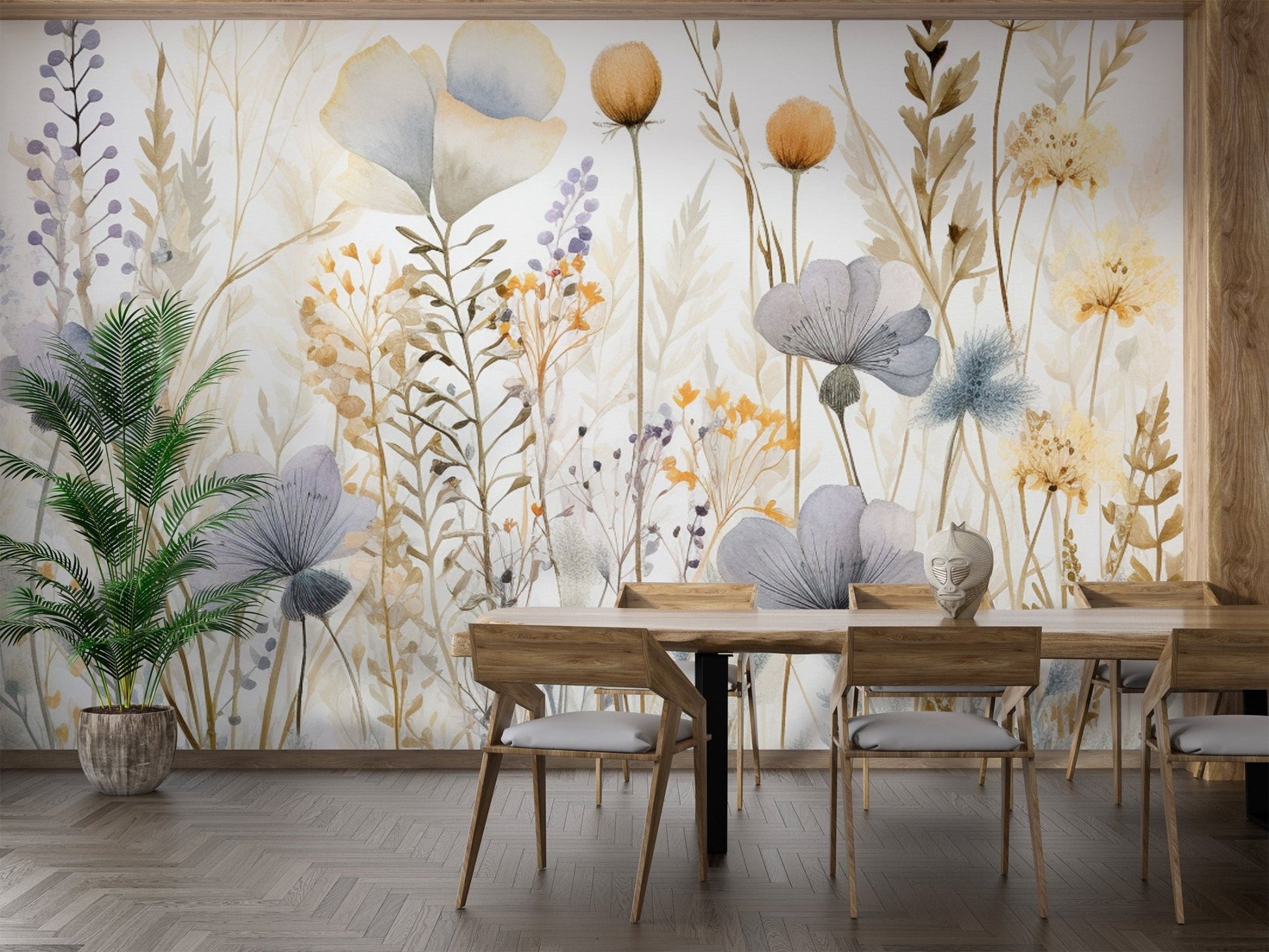 Elegant floral wallpaper with subtle yellow blossoms and airy stems.