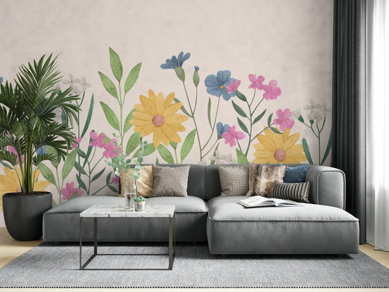Floral wall mural living room feature wall with yellow
