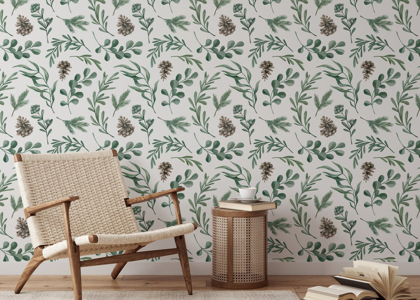 Watercolor Winter Green Leaves and Branches Decor Wallpaper