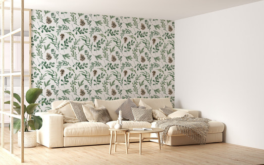 Green botanical wallpaper in a living room with a beige sofa and wooden floor.