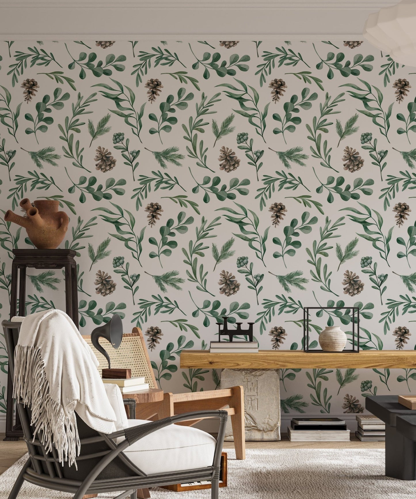 Watercolor Winter Green Leaves and Branches Decor Wallpaper