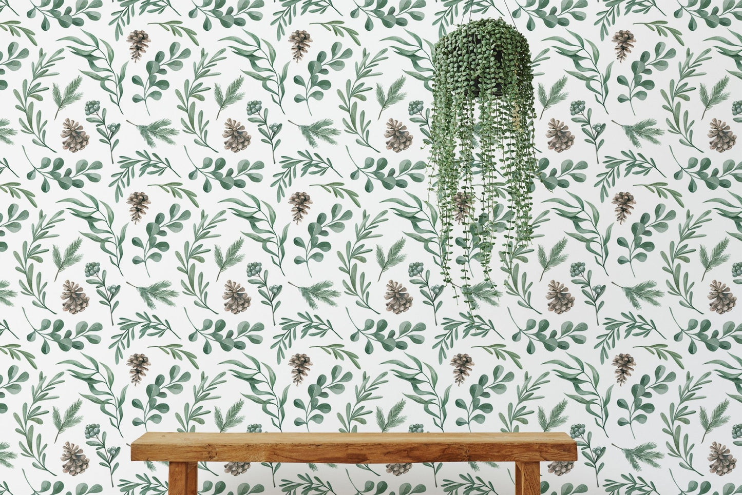 Watercolor Winter Green Leaves and Branches Decor Wallpaper