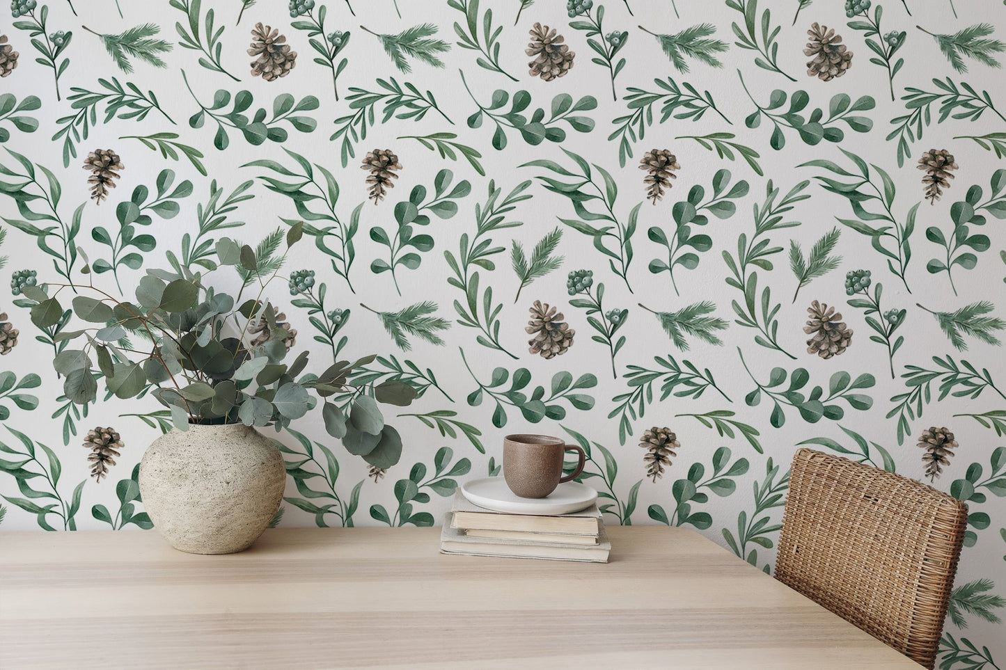Watercolor Winter Green Leaves and Branches Decor Wallpaper
