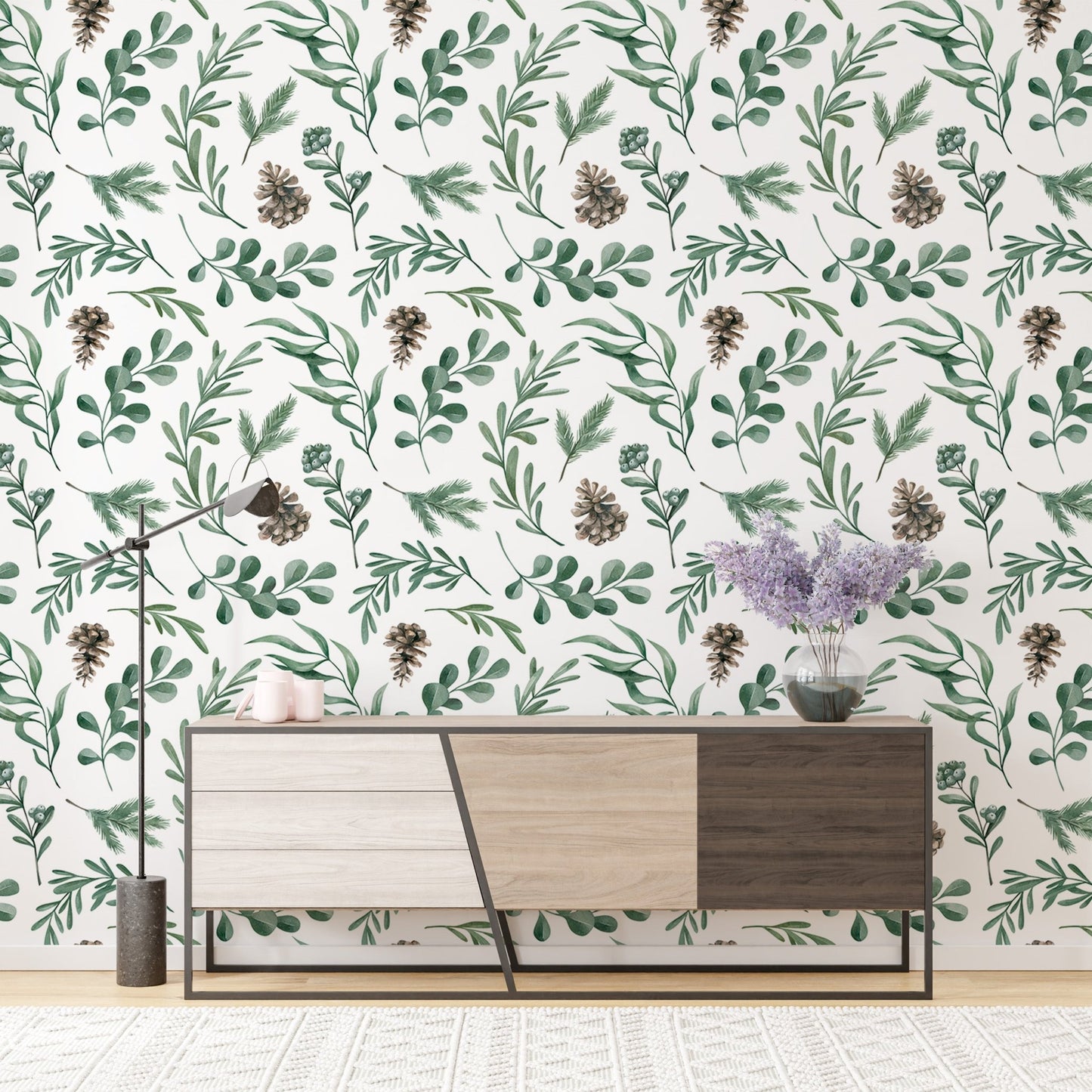 Watercolor Winter Green Leaves and Branches Decor Wallpaper