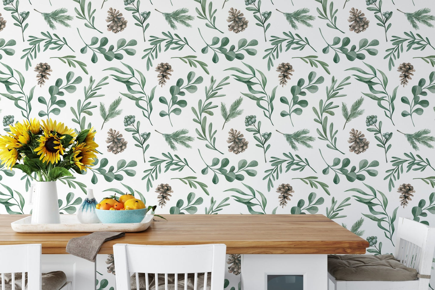 Watercolor Winter Green Leaves and Branches Decor Wallpaper