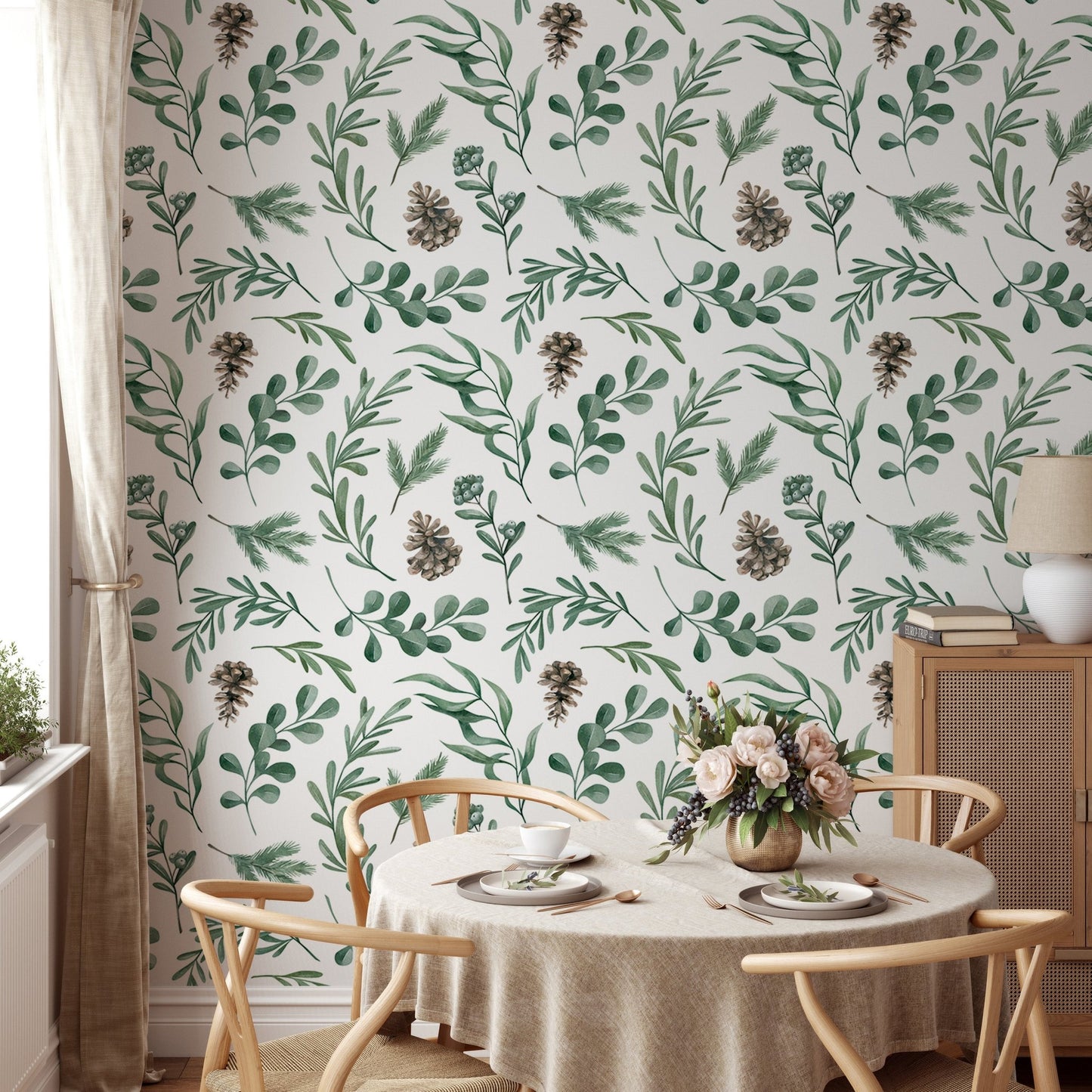 Watercolor Winter Green Leaves and Branches Decor Wallpaper