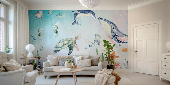 Artistic marine life wallpaper for a serene interior style.