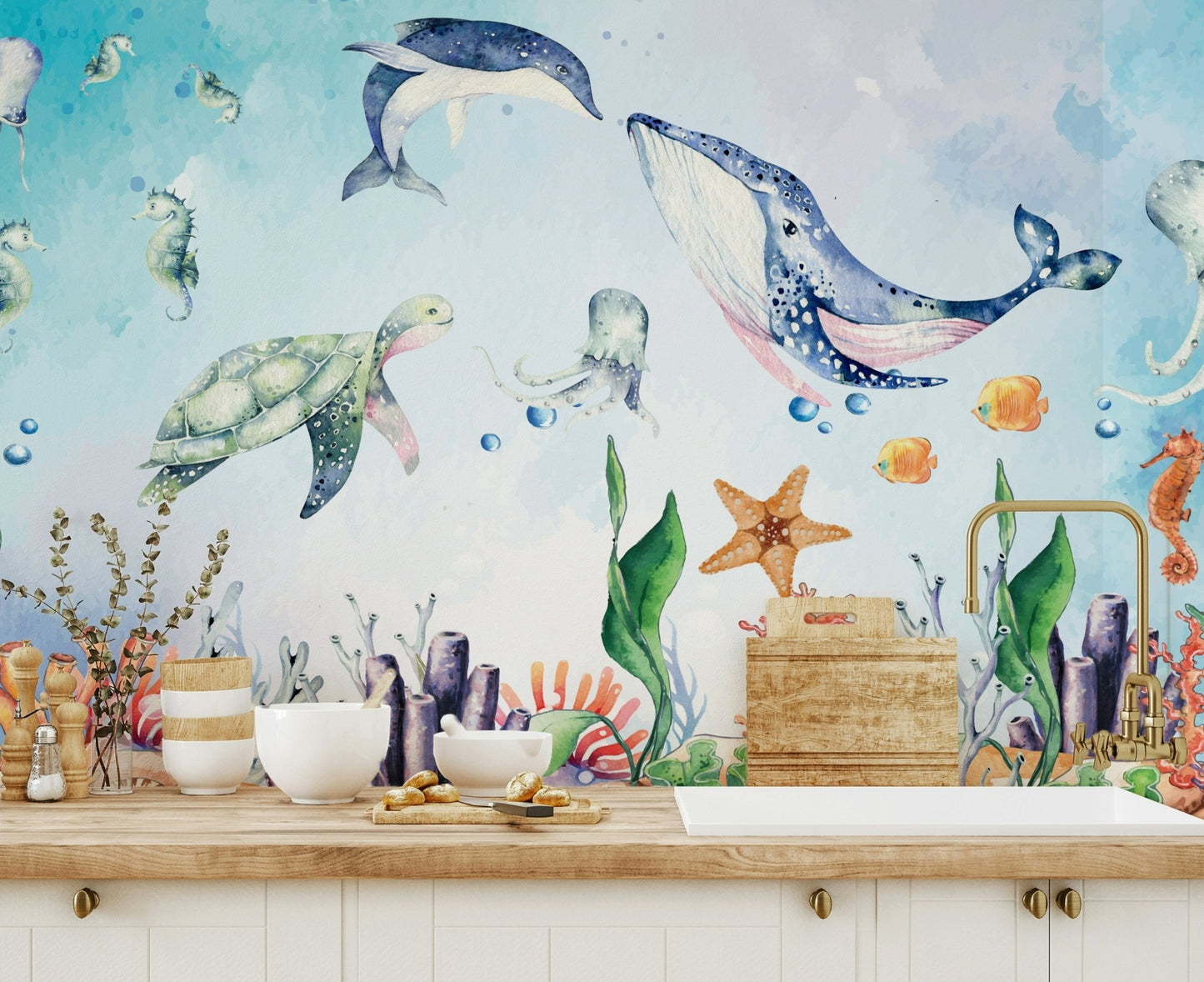 Watercolor Wonders of the Sea Wall Mural - Wallanza