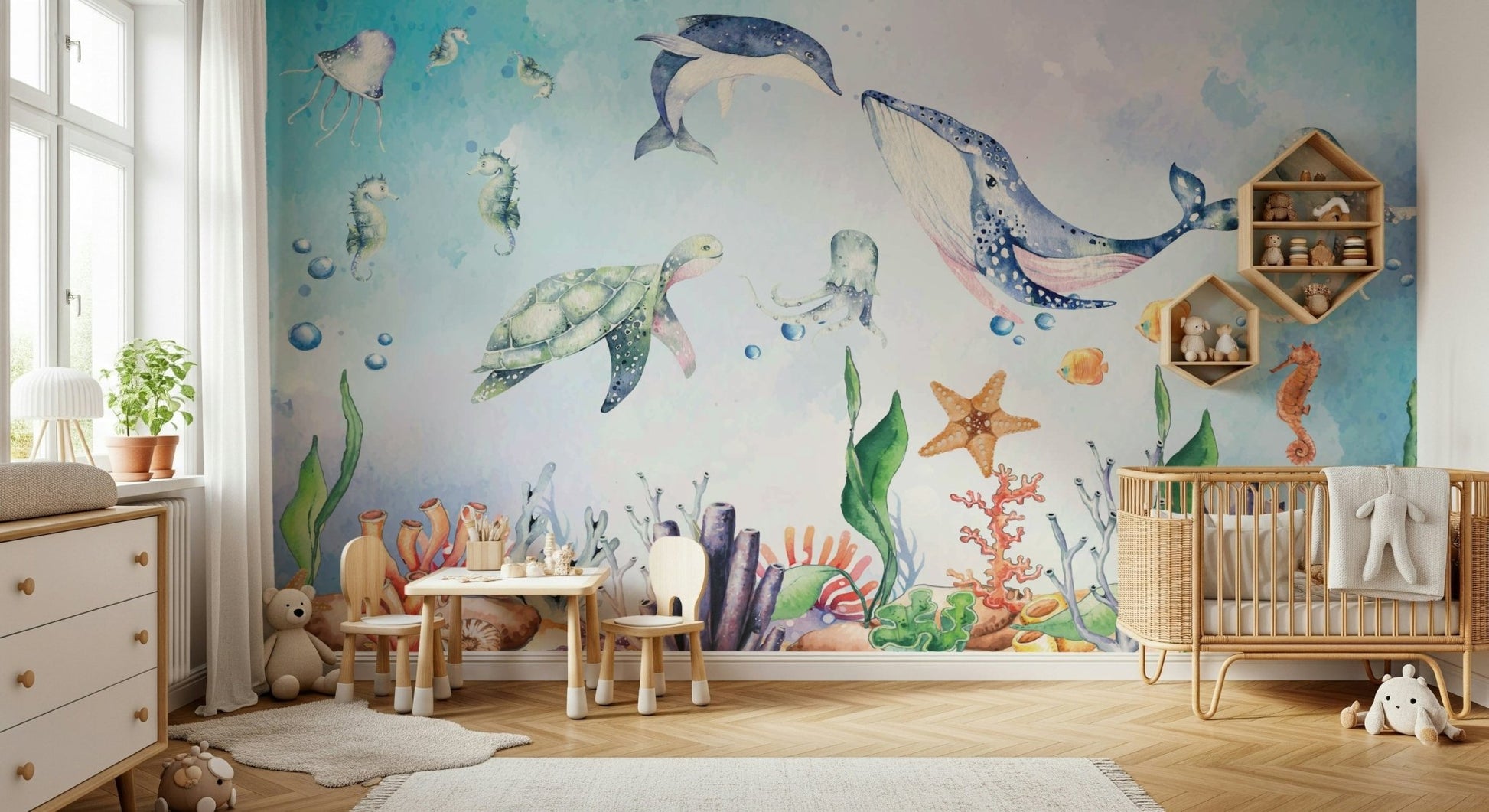 Watercolor Wonders of the Sea Wall Mural - Wallanza