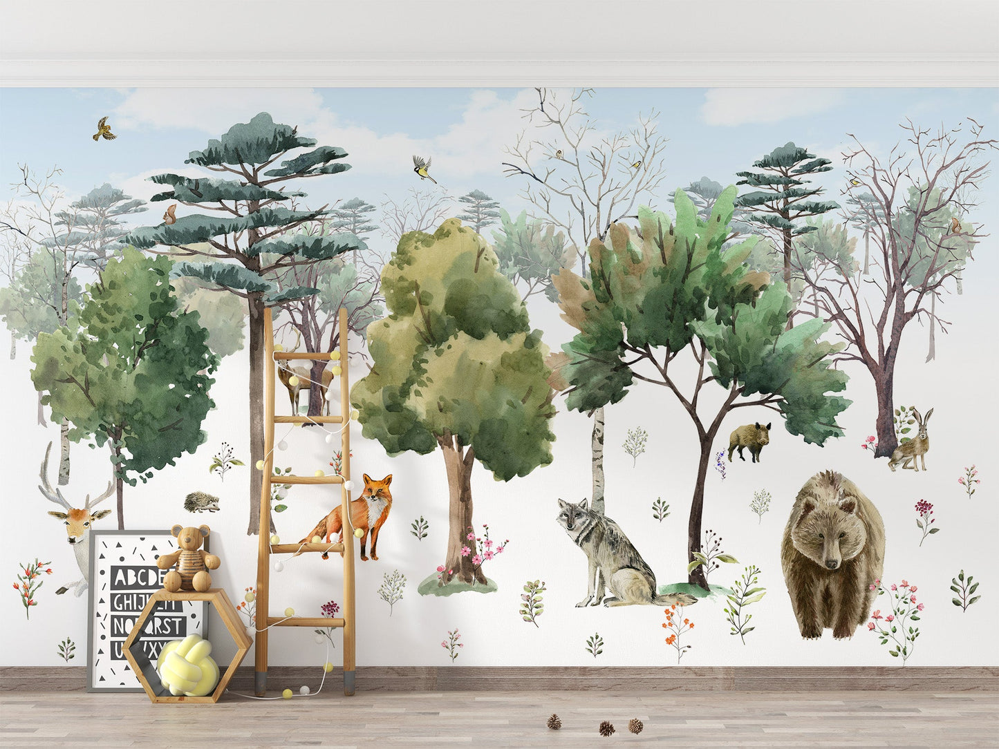 Whimsical woodland creatures mural in soft hues
