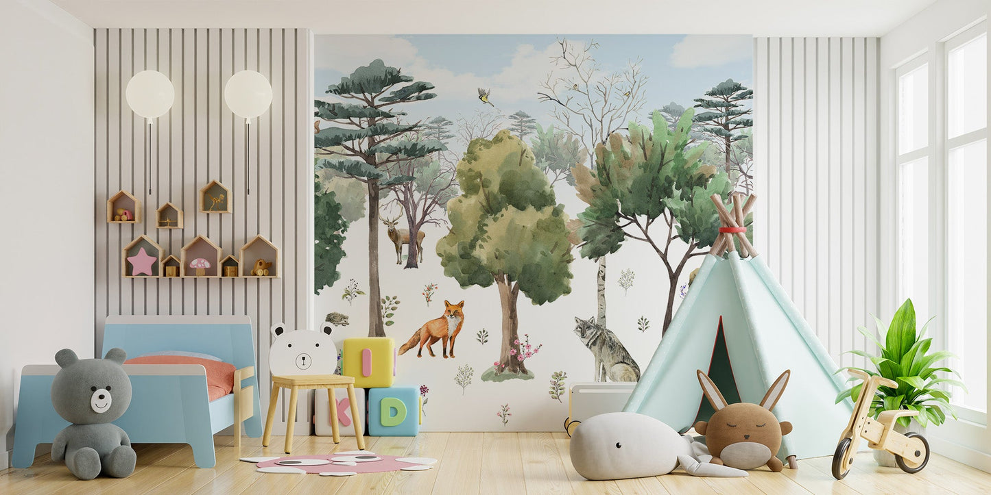 Watercolor mural with woodland creatures design

