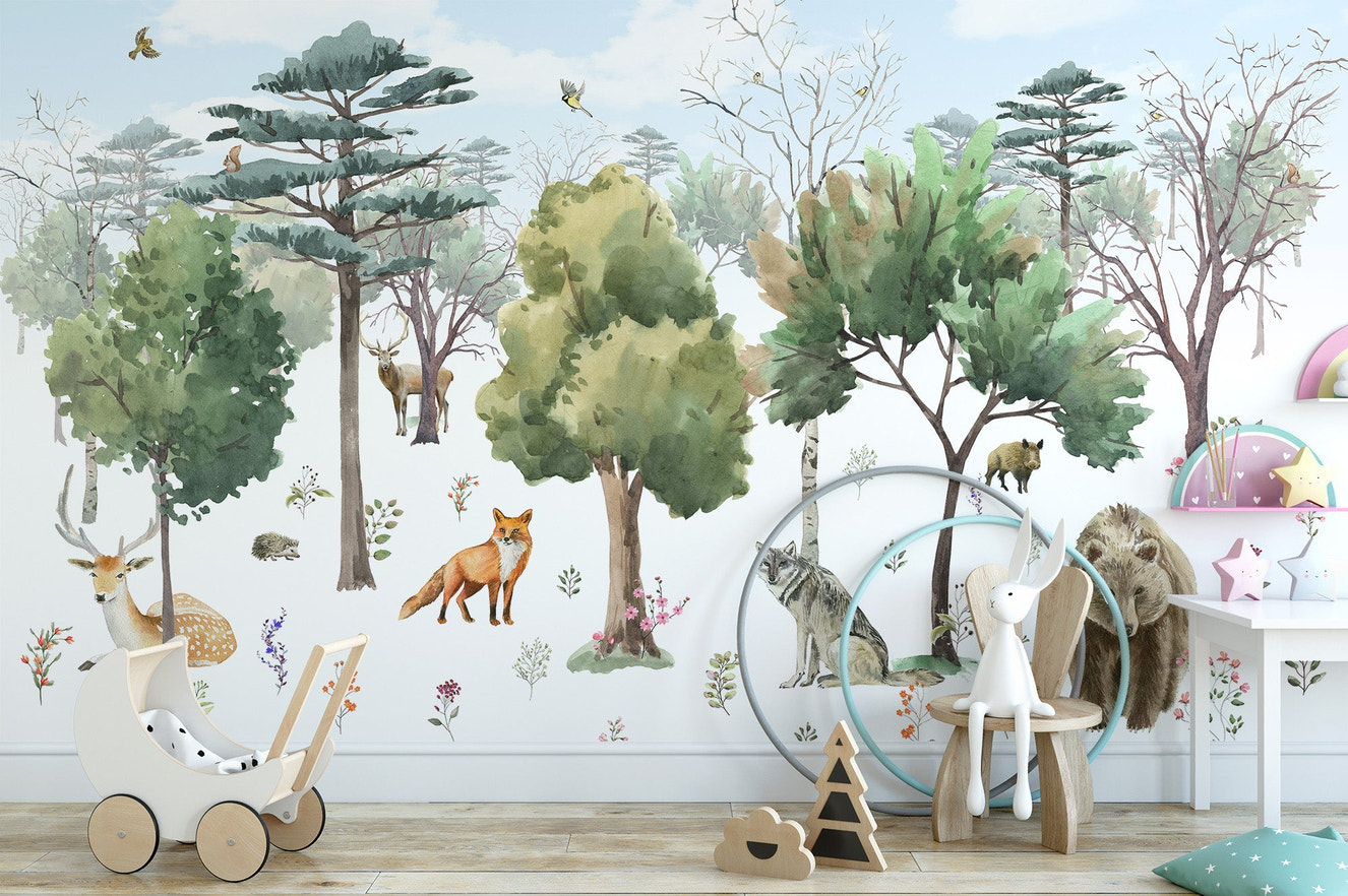 Watercolor woodland creatures mural wallpaper with forest animals art.