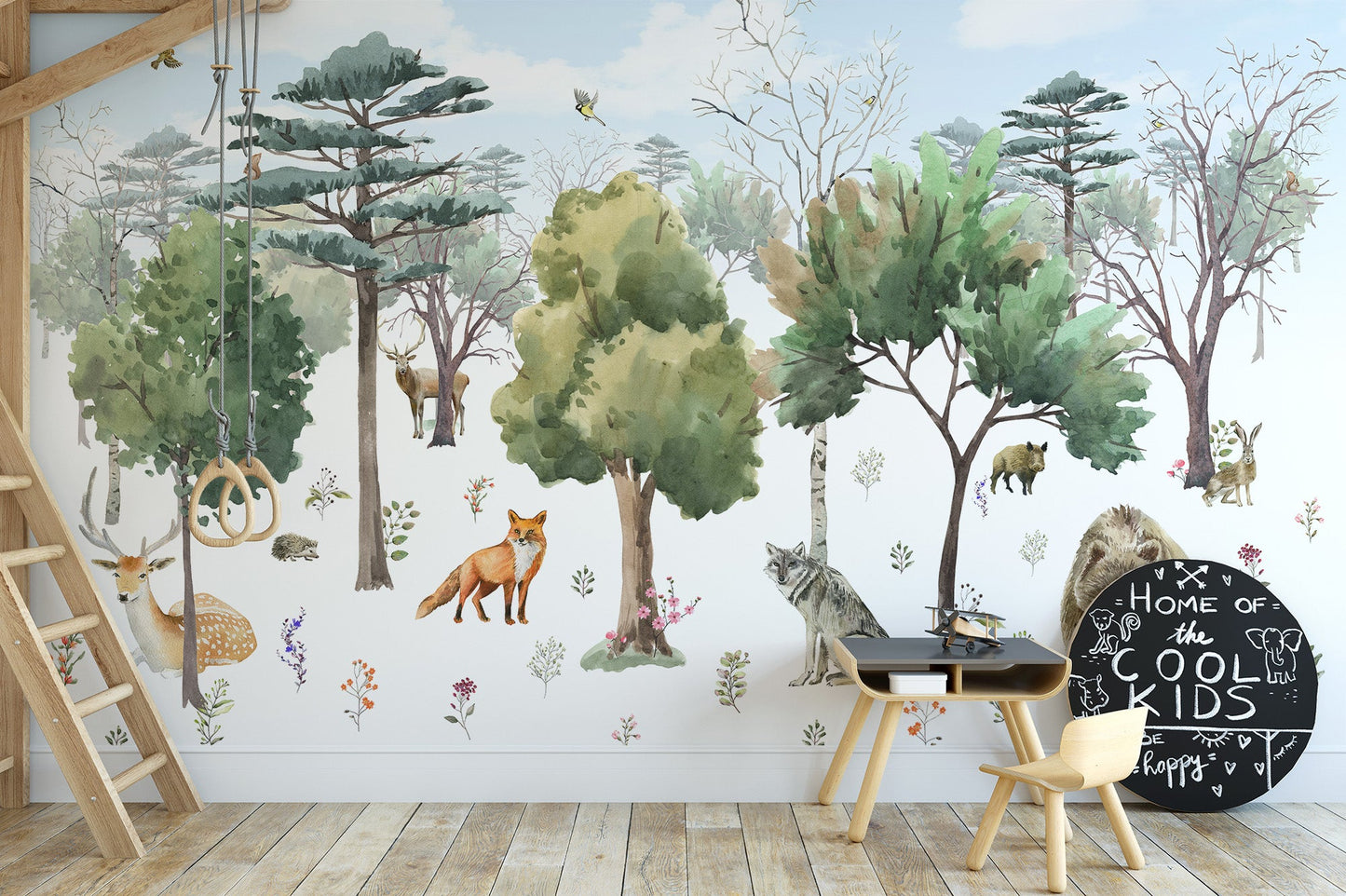 Woodland-inspired wall art with watercolor style
